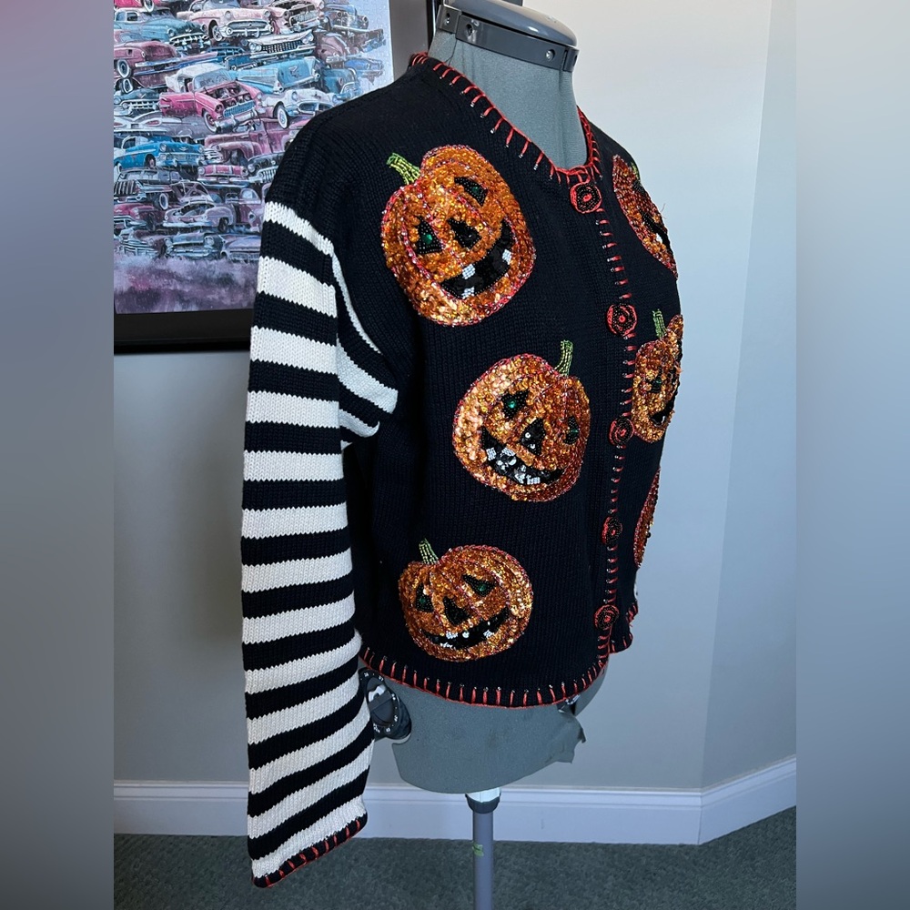 Belle Pointe M Halloween Cardigan Sweater Sequin Pumpkin Beetlejuice vintage - Picture 2 of 8